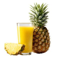 Fresh pineapple juice in a clear glass with whole fruit and sliced wedge isolated on transparent background