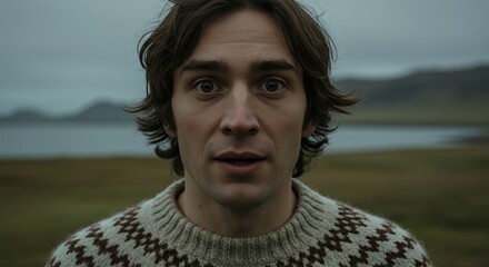 A Man's Astonished Face Against a Serene Landscape