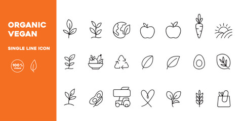 Single Line Organic Vegan Icons Set &ndash; Minimalist Vector Silhouettes of Plant-Based Lifestyle Symbols