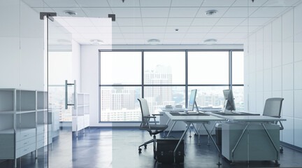 Interior design of modern white meeting room with city view panoramic window and decorate office computer desktop, coworking space office with large window and transparent glass room 3D rendering.
