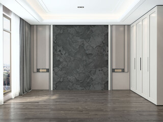 Empty modern luxury bedroom interior design in beige color and concrete nature rock wallpaper and wooden floor 3D rendering, Blank room in bright tone with perfect mockup wardrobe furniture.