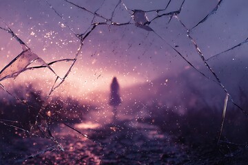 Broken Glass View of Silhouette in Foggy Purple Landscape at Sunset or Sunrise