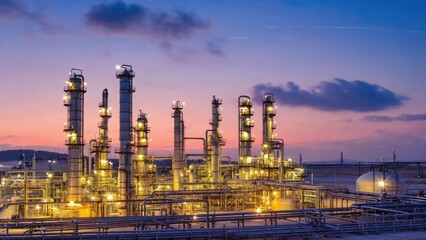 Industrial operations at dusk oil refinery infrastructure urban environment wide-angle energy sector