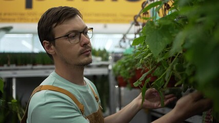 Professional gardener smelling and examining a hanging plant in a garden center, checking its health and fragrance before recommending it to customers or placing it for sale - Powered by Adobe