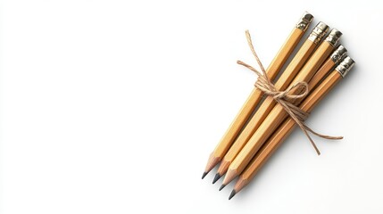 Four pencils tied with twine on white background