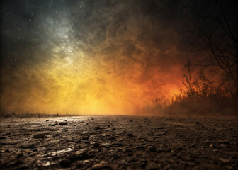 burning fire in the forest, Black brown orange yellow abstract background. Color gradient, ombre. Spots. Fire, burn, burnt effect. Or horror, a creepy concept. Light. Glow