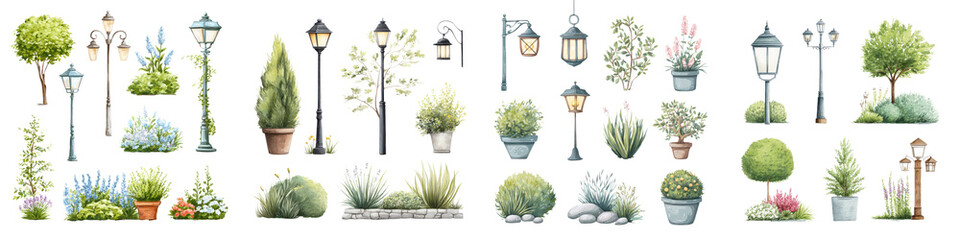 A collection of various garden and landscaping elements  long title A diverse assortment of plants pots ornaments and lighting fixtures commonly used