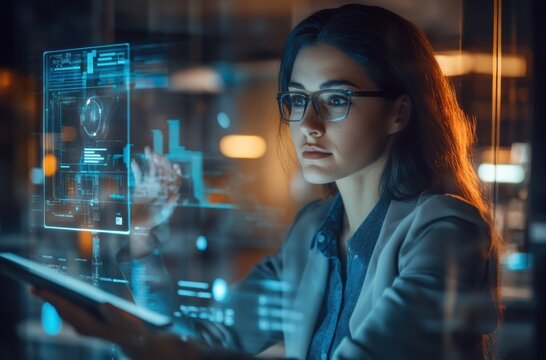 Businesswoman using a transparent holographic tablet to make a video call