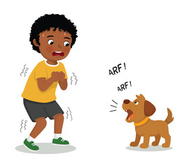 Little African boy afraid of a dog barking make him shivering and trembling
