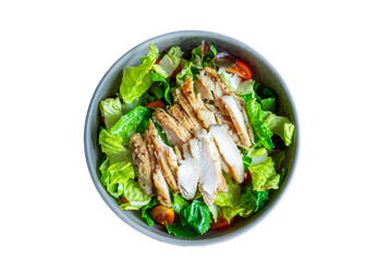 Grilled chicken breast salad, green vegetable healthy menu. Diet food on transparent background.