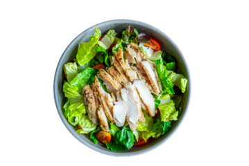 Grilled chicken breast salad, green vegetable healthy menu. Diet food on transparent background.