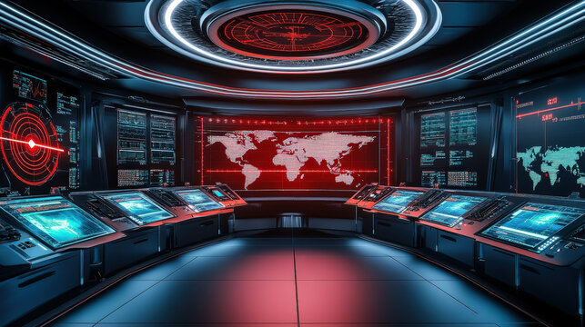 Futuristic Border Surveillance Room with Glowing Maps and Radar Symbols Indicating Alert Zones