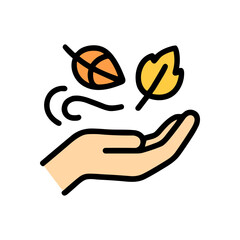 Autumn leaves float into awaiting palm. Icon symbol illustration