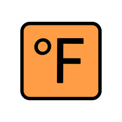 Fahrenheit symbol in an orange square. Icon symbol illustration