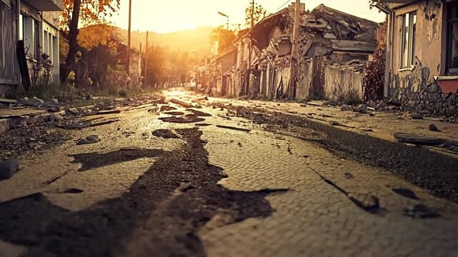 Aftermath of seismic activity revealing cracked road surface and damaged infrastructure