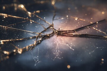 Cracked Screen Displaying a Galaxy Effect with Golden Light Reflections and Bokeh