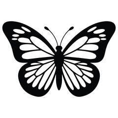 Black butterfly silhouette vector illustration with decorative symmetrical wing patterns on white background