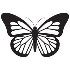 Black butterfly silhouette vector illustration with decorative symmetrical wing patterns on white background