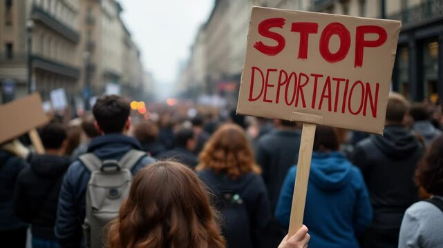 People protesting on a city street, stop deportation
