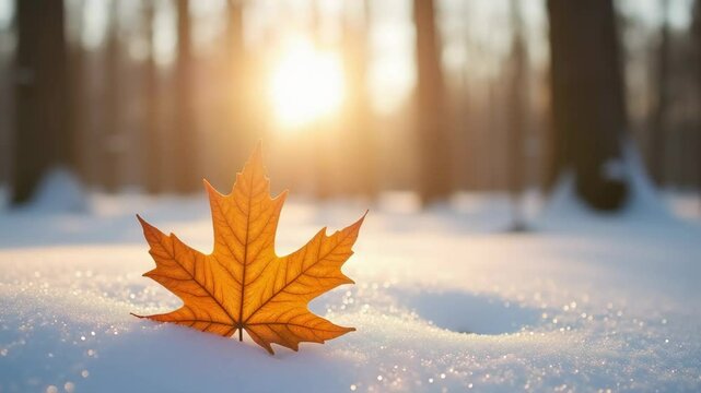 A single brown maple leaf lies on the snow in a forest with the sun shining through the trees