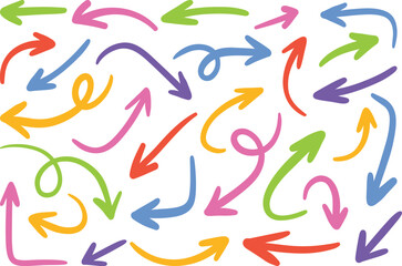 A playful and artistic collection of hand-sketched arrow graphics in various directions and styles, perfect for abstract designs and presentations.