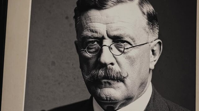 Vintage-style portrait of a man with glasses and a mustache, captured from a straight-on angle, reminiscent of early 20th-century video footage.