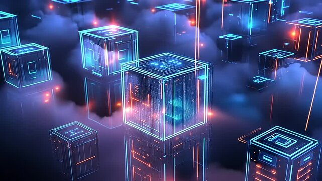 Futuristic digital cubes floating in a cloud environment, illuminated by neon lights, depicting technology