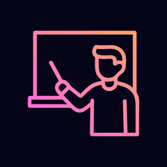 Teacher instructing in front of chalkboard. Icon symbol illustration