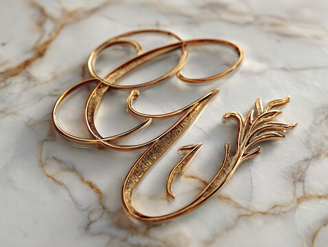 Golden luxury calligraphy initials on soft white marble with rich shadows