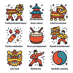 Lion dance icons embody Chinese New Year with vibrant cultural symbols. Ideal for festive designs, event promotions, and cultural celebrations.