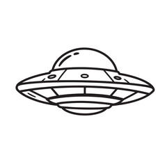 A black and white illustration of a classic flying saucer space ship silhouette isolated on a white background.