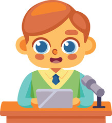 Cute and cartoon style a young boy sitting at a news desk, holding a tablet vector illustration