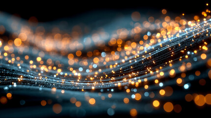 Abstract gold and blue light trails swirling in dark space, creating a dynamic, futuristic, and energetic visual effect.