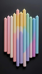 Obraz premium Flat lay of pastel oil sticks arranged in a perfect rainbow gradient on a matte black background.