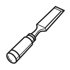 A detailed black and white line art illustration of a woodworking chisel silhouette on a white background depicting carpentry tools.