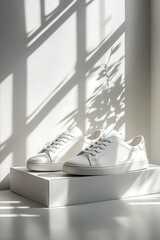 A pair of simple white sneakers sits next to a plain white shoe box on a clean studio background. No logos or text.