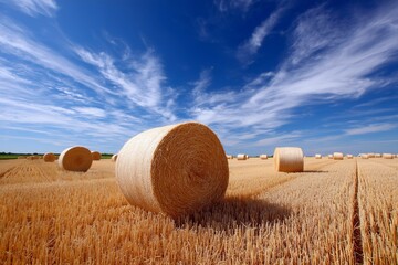 Golden dry hay bales in the field under the blue sky with clouds 