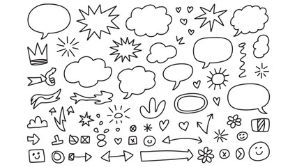 Hand-Drawn Doodle Icons Set Speech Bubbles, Arrows, Stars, and More - Vector EPS