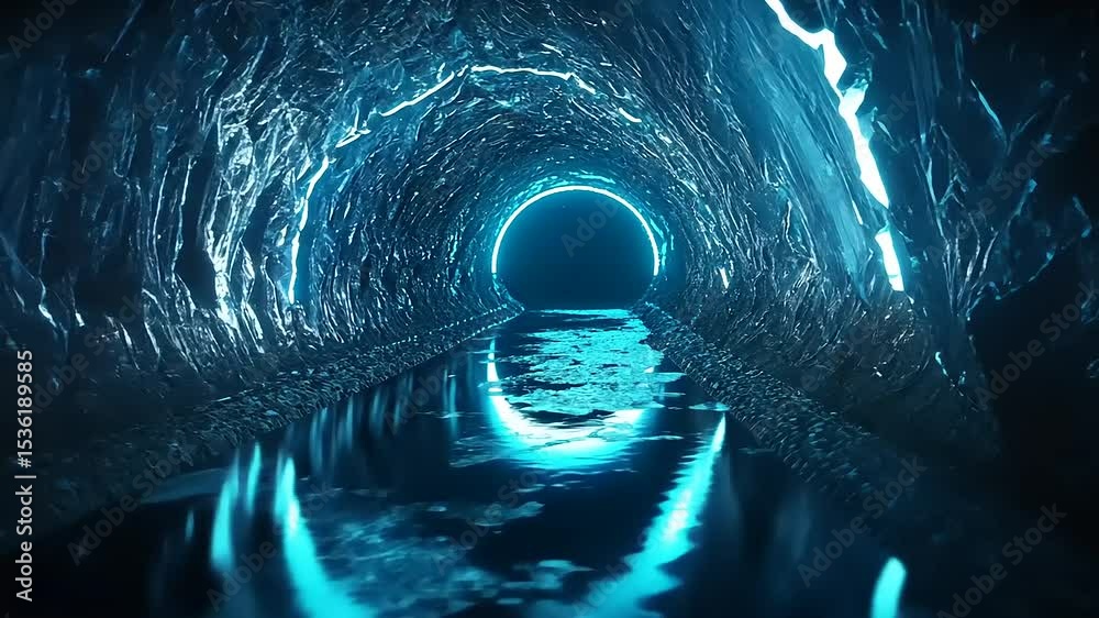 Wall mural illuminated tunnel with glowing walls and reflective water surface, creating a mysterious atmosphere