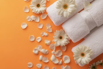 Soft white towels adorned with flowers and delicate petals on a vibrant orange background create a serene atmosphere, Soft towels with flowers and petals on orange background