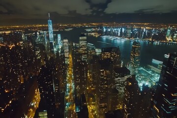 New York City skyline at night captured in time lapse with East River shimmering under city lights, New York City timelapse at night with East River