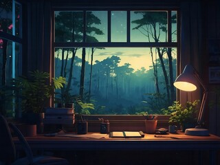Fototapeta premium Cozy workspace with forest view at twilight.