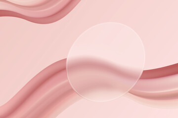 Aesthetic Soft Fluid Waveform On Pastel Pink Background With Round Glassmorphism Frame. Minimal Aesthetic Design Vector Illustration For E-commerce, Beauty, Cosmetic, Fashion, Web, UI, Etc.