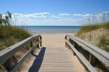 Obraz premium Wooden walkway to sandy beach