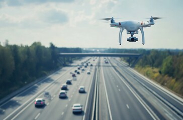 Drone inspecting smart traffic sensors along a modern expressway, clear sky