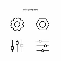 Configuration icons or setting icons in outline style containing gears, nuts, controls, equalizers, or adjustment icons.
