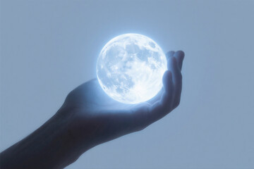 Hand Holding Glowing Moon on White