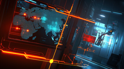 Futuristic Border Surveillance Room with Glowing Maps and Radar Symbols Indicating Alert Zones