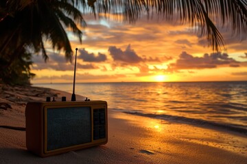 Celebrating world music day with a radio silhouette against a vibrant sunset backdrop, World music day, a Radio silhouette with sunset on the beautiful tropical beach