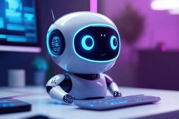 Cute robot working with keyboard in a futuristic tech environment, System Artificial intelligence Chat Bot AI, Technology smart robot Ai application software